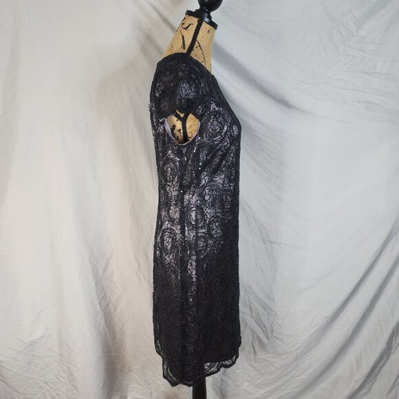 SUZI CHIN for Maggy Boutique Size 6 Black Sequins & Lace Overlay Shift Dress EUC - Picture 2 of 9